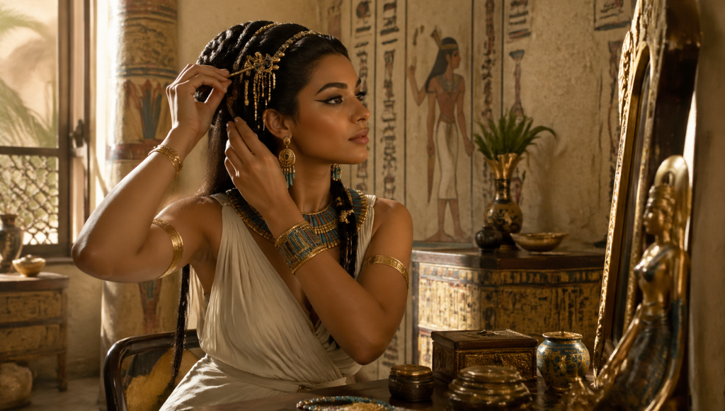 Accessori capelli antichi oro e turchese, acconciatura egizia nobiliare, blog Cronache di Stile Layan.